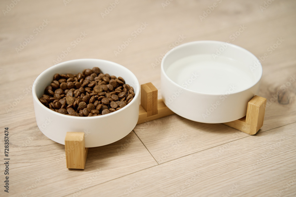 Bowls of dog food and water on kitchen floor, Animal feeding and pet care, Place to feed a pet Bowls of dog food and water on kitchen floor, Animal feeding and pet care, Place to feed a pet