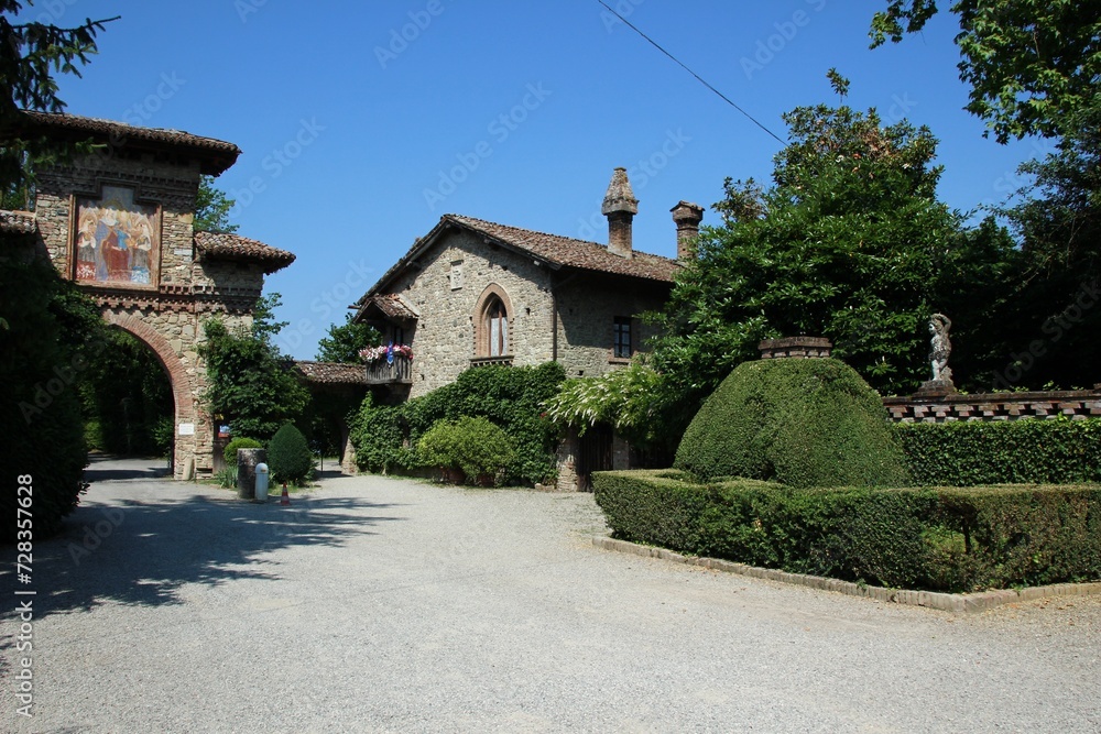 Italy, Emilia, Piacenza: Foreshortening of Medieval Village of Grazzano Visconti.