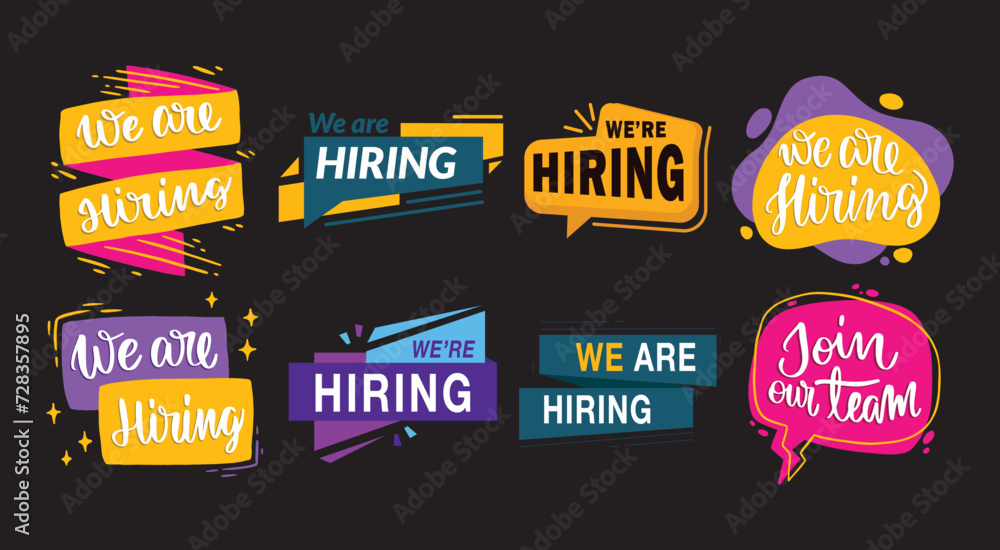 Join our team banners. We are hiring communication poster, help wanted advertising banner with speaker and vacant badge. Hr recruiting hire, vacancy job offer isolated vector signs set
Join our team banners. We are hiring communication poster, help wanted advertising banner with speaker and vacant badge. Hr recruiting hire, vacancy job offer isolated vector signs set