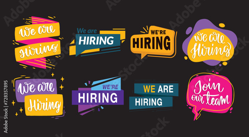 Join our team banners. We are hiring communication poster, help wanted advertising banner with speaker and vacant badge. Hr recruiting hire, vacancy job offer isolated vector signs set 