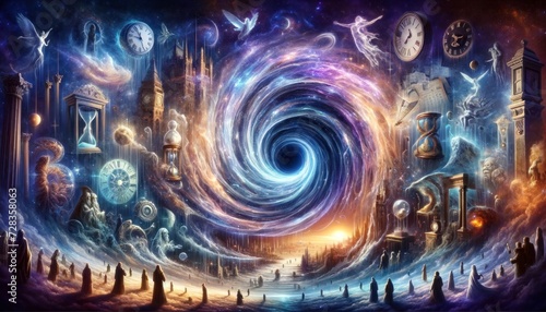 A surreal time vortex, swirling at the center and drawing in people and events from different eras. photo