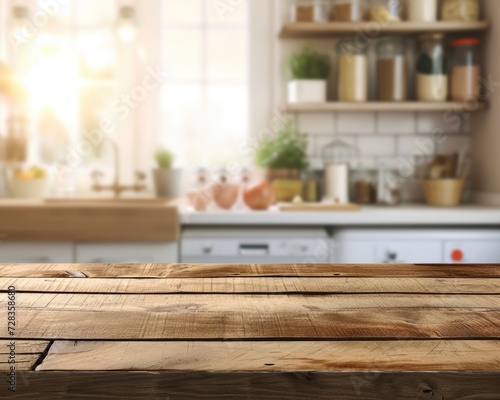 Rustic Wood Table in Blurred Kitchen Interior Background. Cozy Home Decor and Dining Space Concept