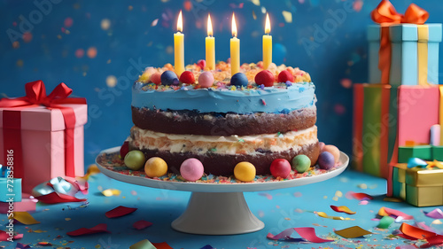 Delicious cake with candles, colorful gifts and confetti on blue background