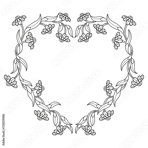 Blooming flower heart frame hand drawn for adult coloring book