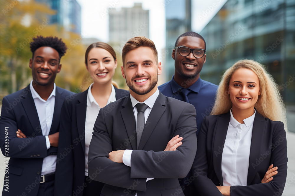 Group of diverse business team employees looking at camera in front of company building Group of diverse business team employees looking at camera in front of company building