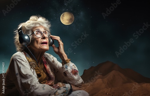  Elderly grandmother immerses herself in the enchanting beauty of the moon, adorned with headphones, bridging the timeless gap between generations through a celestial auditory experience