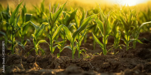 a field of green plants with dirt and grass growing in the ground and the sun shining through the sky, generative ai