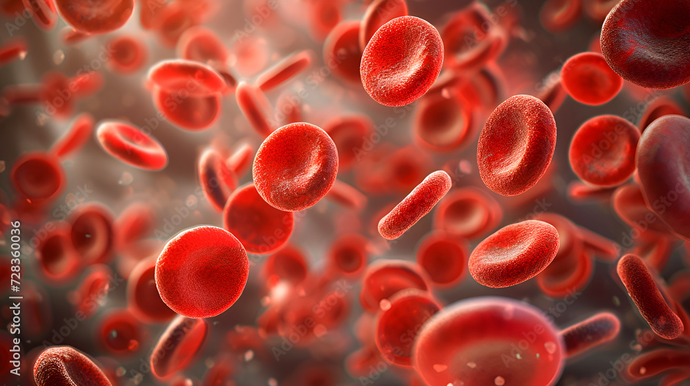 Under a microscope Red blood cells circulating in blood vessels. Health, medical science, circulatory system