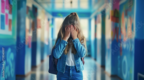Schoolgirl girl suffering from headache, covering her face with her hands, standing alone in a bright bright school corridor. Migraine in children © Tetiana