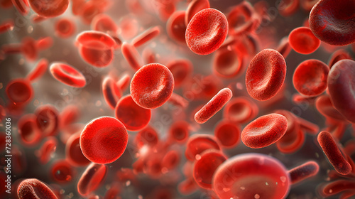 Under a microscope Red blood cells circulating in blood vessels. Health, medical science, circulatory system