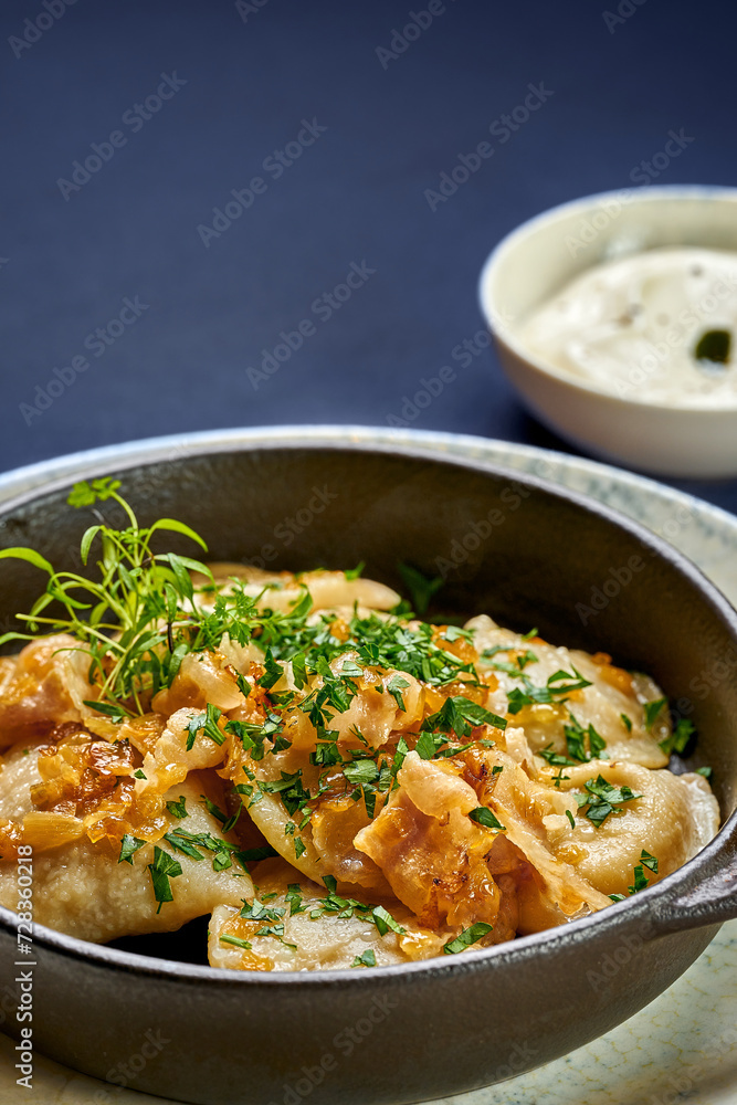 Ukrainian Pierogi or Varenyky with meat, served with sour cream in a plate. Photo for the menu