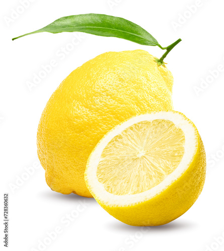 single lemon with green leaves isolated on white background. clipping path