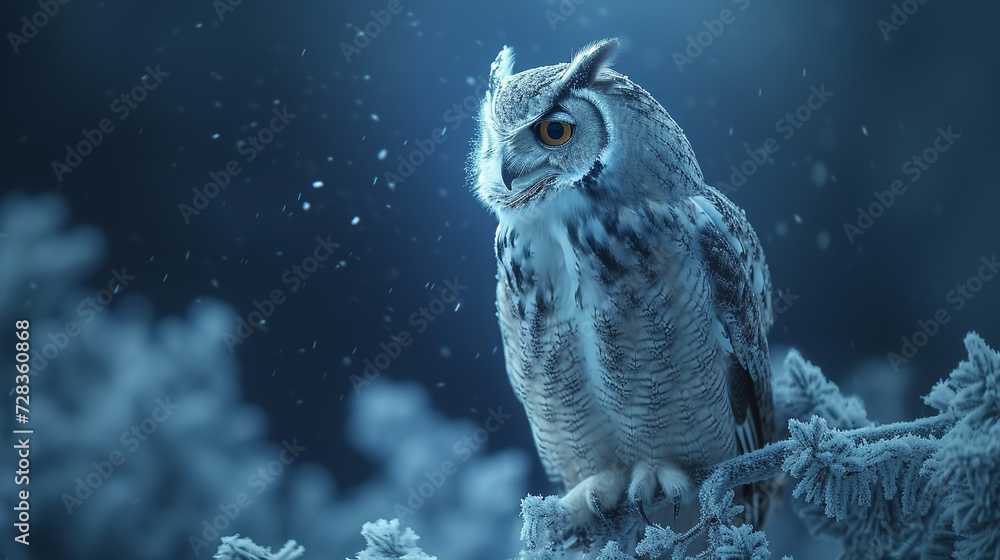 great horned owl, Design a realistic scene of a snowy owl perched on a snowy branch, with attention to the subtle details of its feathers and the serene winter landscape great horned owl, Design a realistic scene of a snowy owl perched on a snowy branch, with attention to the subtle details of its feathers and the serene winter landscape