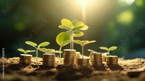 Growing plants on gold stacks of the coins. Investment, wealth, personal finance, savings theme