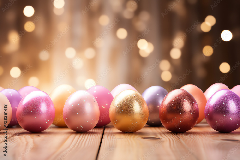 Vibrant Easter eggs on wooden table with bokeh background. Festive, colorful, and perfect for holiday concepts. Vibrant Easter eggs on wooden table with bokeh background. Festive, colorful, and perfect for holiday concepts.