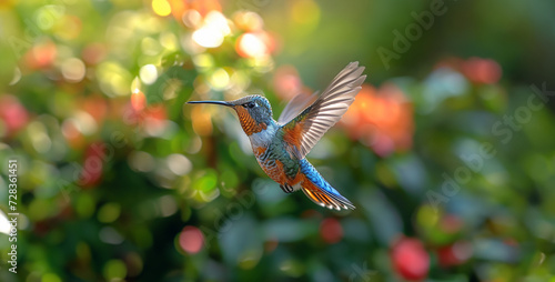 butterfly on a flower, hummingbird on flower, a realistic image of a hummingbird in mid-flight, captured with precision to highlight the vibrant colors of its feathers and the rapid movement of its © Waris