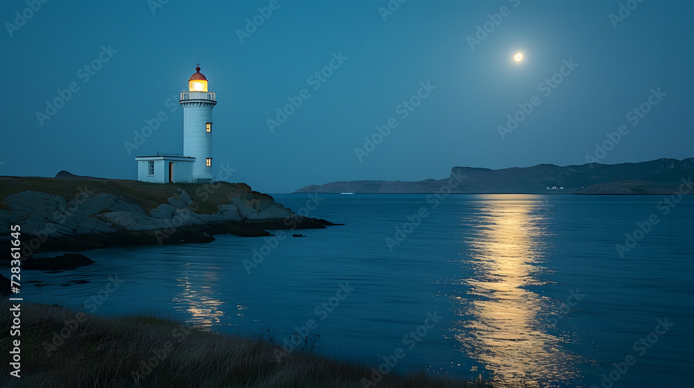 A lighthouse, with tranquil waters as the background, during a moonlit sail