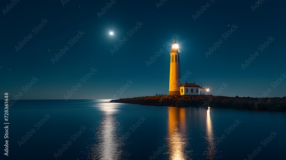 A lighthouse, with tranquil waters as the background, during a moonlit sail A lighthouse, with tranquil waters as the background, during a moonlit sail