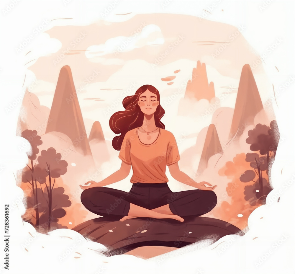 a woman sitting in a lotus position in the middle of a forest with trees and mountains in the background,  generative ai