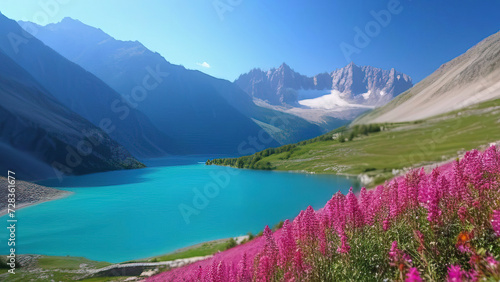 Nature's Greeting Card. Magnolia in Full Bloom with an Azure Lake Background photo
