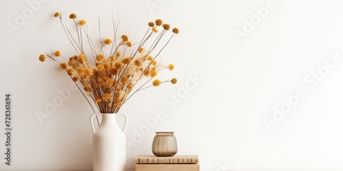 Dried flowers in vase on shelf against white wall.