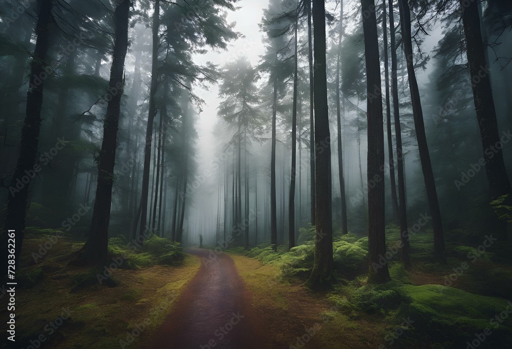 Fototapeta premium AI generated illustration of a misty forest road illuminated by ethereal light