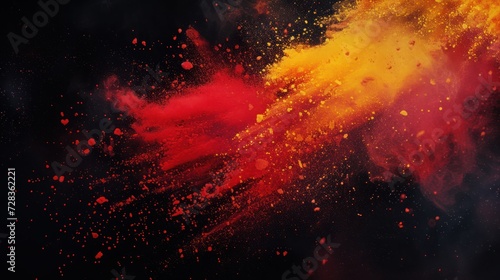 Splash red and yellow colored powder, vibrant explosion of colors in the style of apocalyptic collage