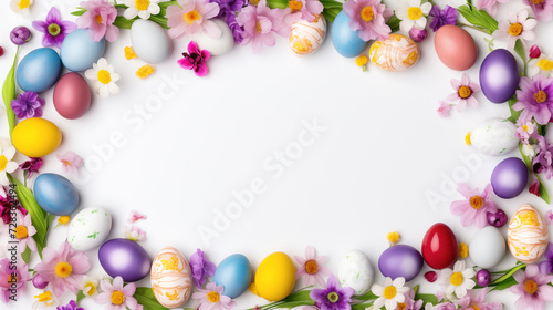 Easter wreath with eggs, flowers, and empty space in the center. Easter frame for greeting cards and more. Eggs composition for spring holiday. Banner with colorful eggs and floral objects.