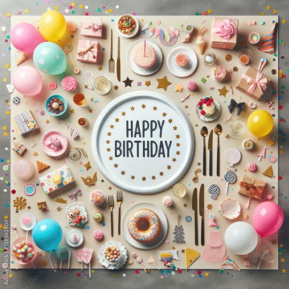 Fototapeta premium Birthday party table top setup with colorful fun balloons, gifts, birthday cakes and stars. Top view. Digital illustration, generative ai