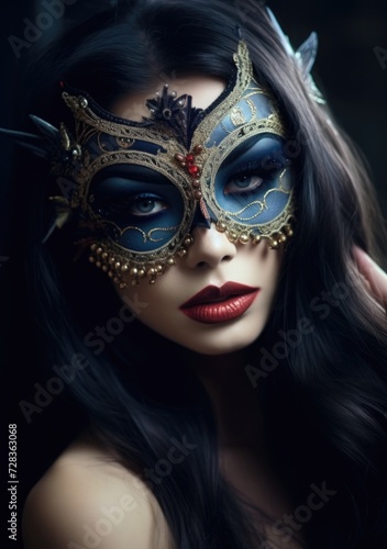 Beautiful woman with blue and gold mask. Generative AI.