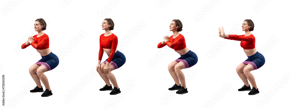 Healthy and active young woman in sportswear with different professional fitness posture set of weight lifting squat training. Leg exercise on isolated background in gaiety full body length shot.