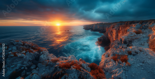 sunset on the coast, sunset over the ocean, sunset over the sea, a coastal cliff at sunrise
