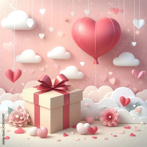 Gift box of love with a heart shaped red balloon. Love concept. Digital illustration, generative ai