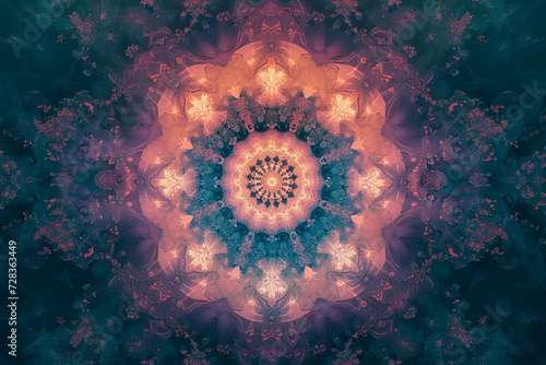 Psychedelic mandala fractal pattern, vibrant, neon, vintage decorative element, blurred background