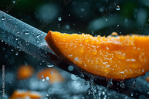 mango slices with knife and water drops and splashes on blue background