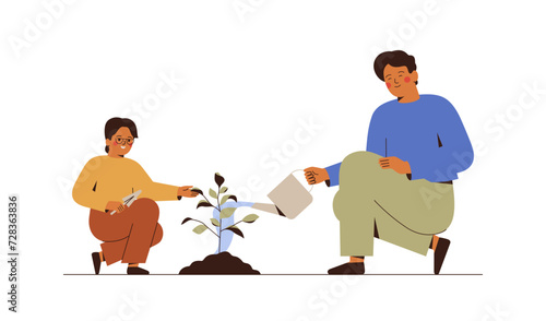 Father and son planting young tree in the ground. Happy man and small boy watering sapling outside together.  Green ecology and environment forest conservation concept. Vector illustration