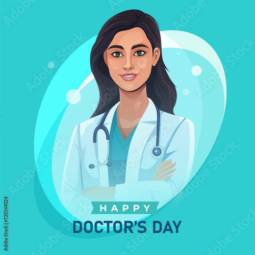 Doctors day simple vector illustration of physician, therapist man in doctor coat. National doctors day vector background design with young female doctor illustration.