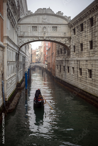 Gondolier navigating under the Famous Bridge of the Sighs - Venice, Rear View
