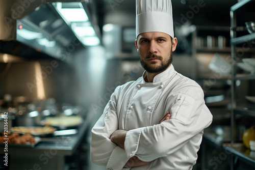 Portrait of a smiling male chef standing with arms crossed in the kitchen