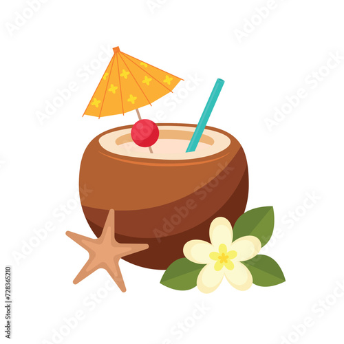 Summer beach cocktail coconut with umbrella and cherry