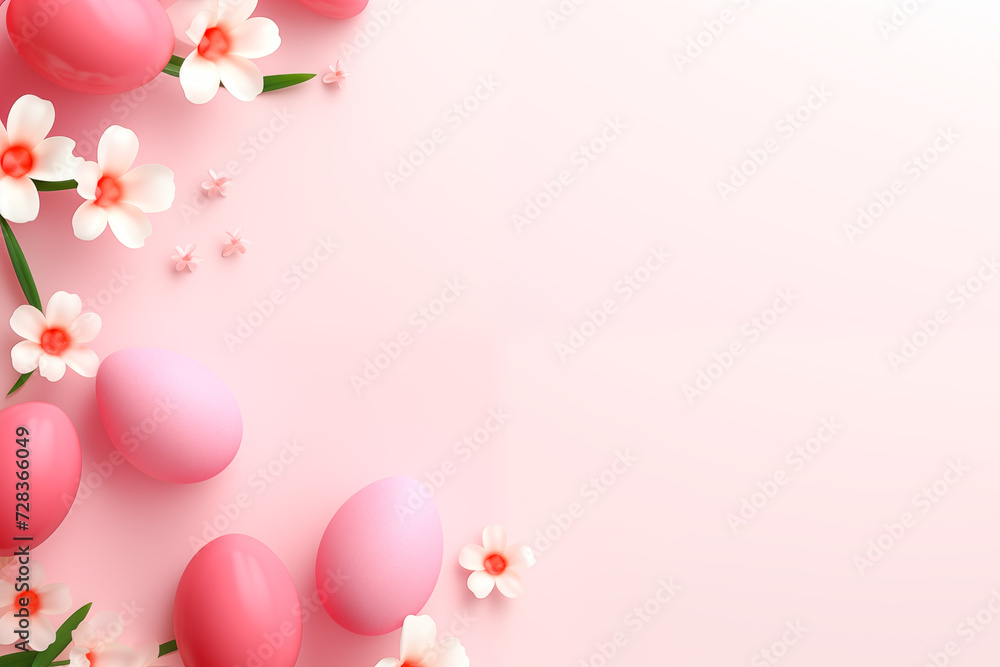 Easter holiday background with eggs and flowers. Easter template, mockup, with copy space for text.