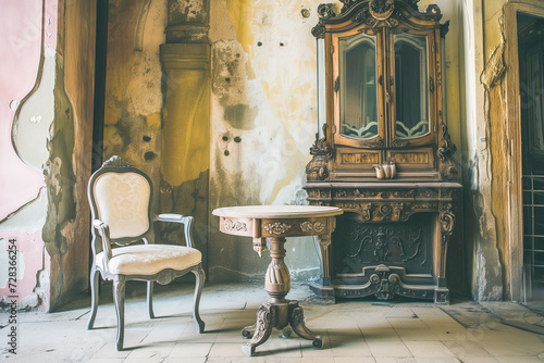 Interior of an abandoned house, wooden table and chair dominate the scene 