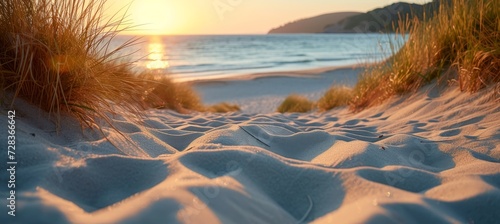 Fototapeta Naklejka Na Ścianę i Meble -  Serenity of the summer  beach with sand dunes and beige plants, blurred sunlight bokeh background
