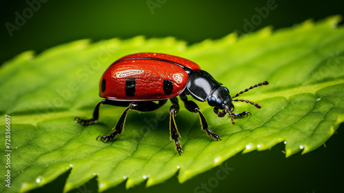 A vibrant red beetle, Lilioceris lilii, on a lush green leaf, contrast, biodiversity, Ultra Realistic, National Geographic, Nikon D750, 60mm macro lens, f/3.5 aperture, morning, documentary, 