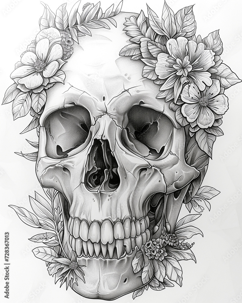 Fototapeta premium poster for coloring book with a drawing of a mexican skull head in black and white. day of the dead and tradition.