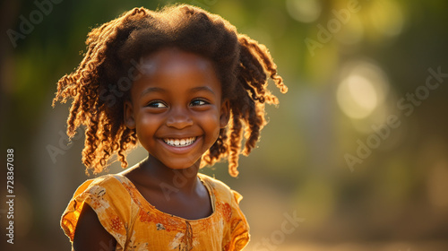 A young African girl with a radiant smile, joy, innocence, Ultra Realistic, National Geographic, 