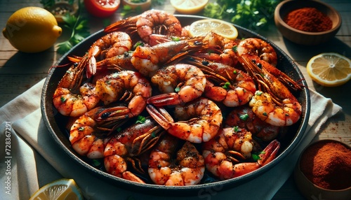 Tasty shrimps with lemon and herbs in pan on table