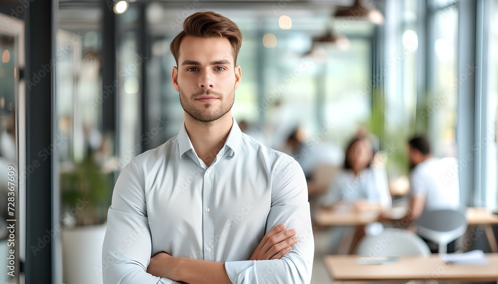 Leader of a young and competent business team standing in a modern office background. A confident manager who oversees financial affairs. generative AI Leader of a young and competent business team standing in a modern office background. A confident manager who oversees financial affairs. generative AI