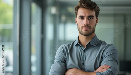 Leader of a young and competent business team standing in a modern office background. A confident manager who oversees financial affairs. generative AI