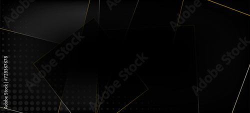 Black Business Paper with Gold Lines. Royal Silver Geo Poster. 3D Abstract Polygonal Sparkle Cover. Golden Premium Polygon Border. Gold Luxury Crystal Card. Christmas New Year Squares Frame.